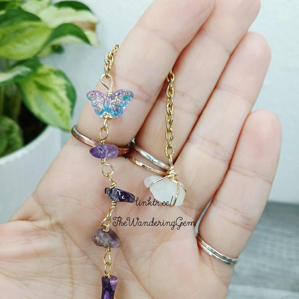Amethyst & Quartz Crystal Beaded Dowsing Pendulum, Butterfly Purple 7.5" - Picture 2 of 5